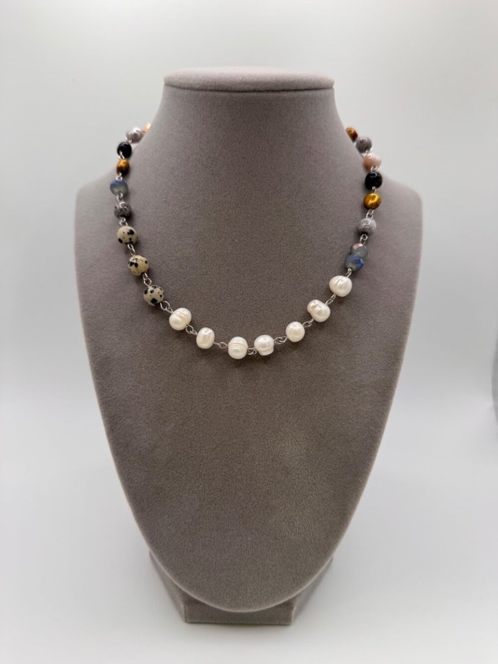 Baroque Pearl Dalmatian Jasper Mixed Bead Necklace Silver Tone 17” Boho